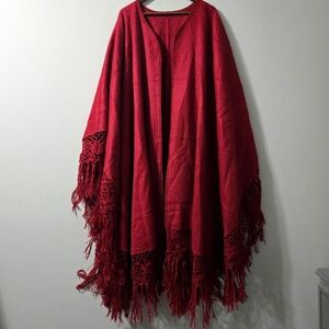 Canotex Red Alpaca Wool Ruana Poncho - Size  XL- Peru